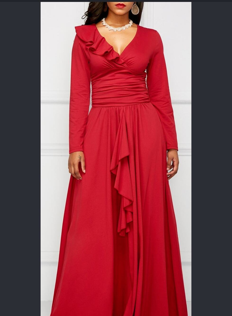 Women’s Red Maxi Dress Long Sleeve Ruffle V Neck Ruched Waist Boho Romantic XXL